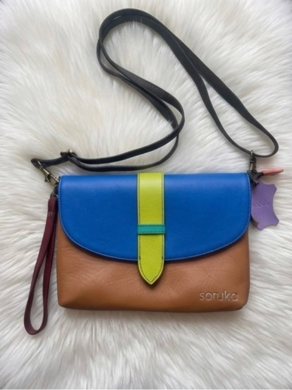 Soruka Colorblock Leather Crossbody Bag - Blue, Brown & Lime